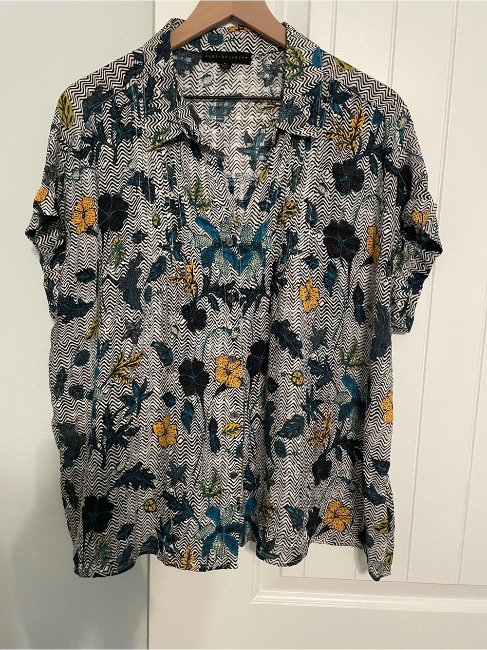 Jane & Delancey Button-Front Floral Print Blouse - Navy, White, Teal & Yellow
